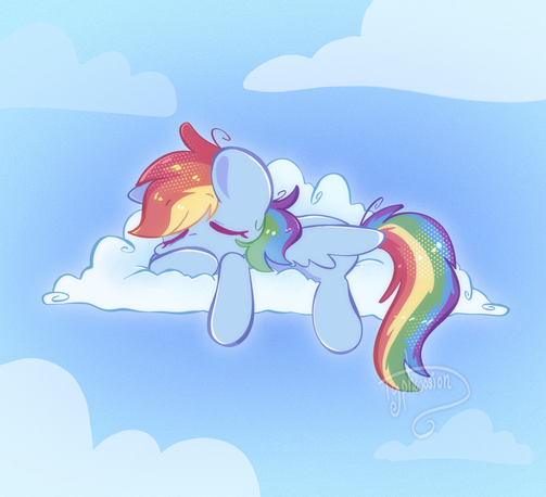 Art of Rainbow Dash taking a snooze in a cloud.