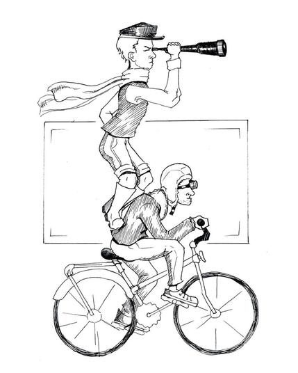 A drawing in pen and ink, showing two characters in old-timey garb. The one on the bottom is riding a bicycle and wearing a flight cap and goggles. The second character is standing on top of him, looking ahead through a spy glass. The gentleman on top wears a scarf and a cap.