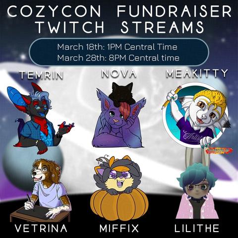 Advert that shows various artists that you may see in streams, including Temrin, Nova, Meakitty, Vetrina, Miffix and Lilithe