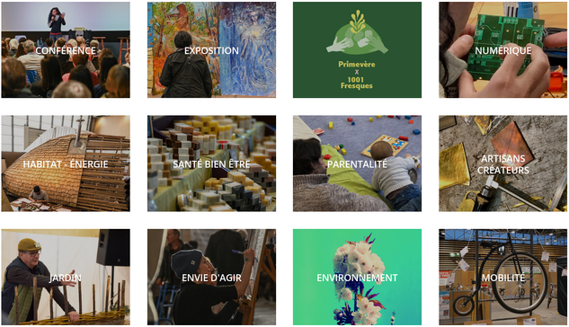 Capture du site web de Primevère, avec les différentes thématiques du salon : conférence, expo, numérique, habitat...