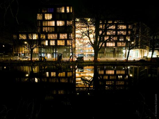 A night time view of a modern office building in Dublin, Ireland, with warm interior lighting illuminating the windows. The building is reflected in the still water of the canal in the foreground, framed by leafless winter trees and construction equipment on the canal bank.