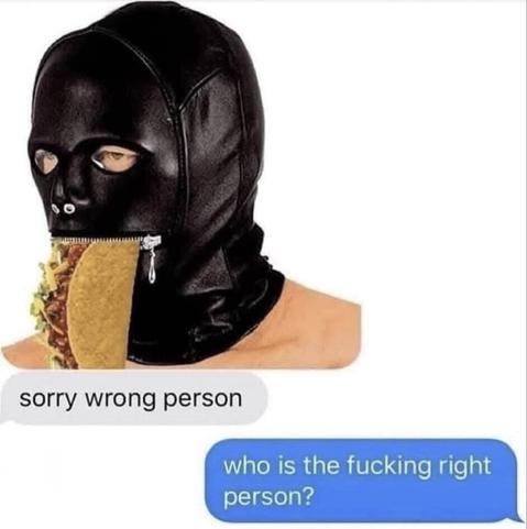 An edited image of a person wearing a tight black leather bondage hood with a zippered mouth opening. The zipper is partially open, revealing a taco sticking out of their mouth. Below the image is a text conversation:
First message (gray bubble): “sorry wrong person”
Response (blue bubble): “who is the fing right person?”