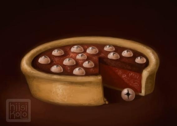 A gold crusted, deep dish poe with solid red, jello-y filling and deeper red thick top filling with strange white eyeballs as decorations. The eyeballs are shiny, and slimy and have a cross shaped pupils. The background is matching deep red.