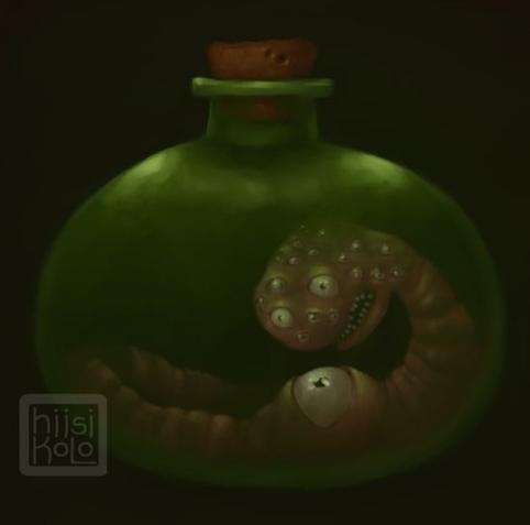 A green bottle with a brown cork, tightly closing the bottle which holds in a pink, wrinkly worm with a large head made of eyeballs, and one large eye on its abdomen. It looks shoked by all accounts.