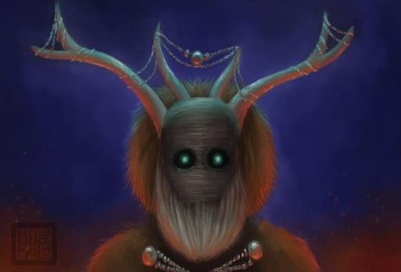 On deep blue and red bacground is a masked individual, a "kekripukki". The mask sprouts deer horns decorated with silver chains that connect the horns. Tha mask also has a gray breard, and fluffy hair at the back. On his shoulders are a coarse brown furs also connected with silver chains. His eyes shine bright, pale blue from the circular face holes.