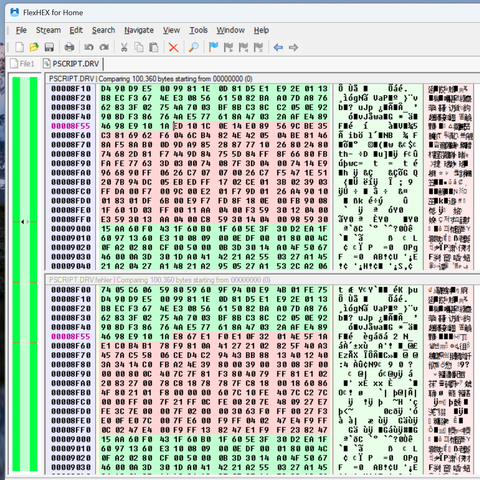 Fehlerbehebung in der Datei "PSCRIPT.DRV" per Hex Editor.