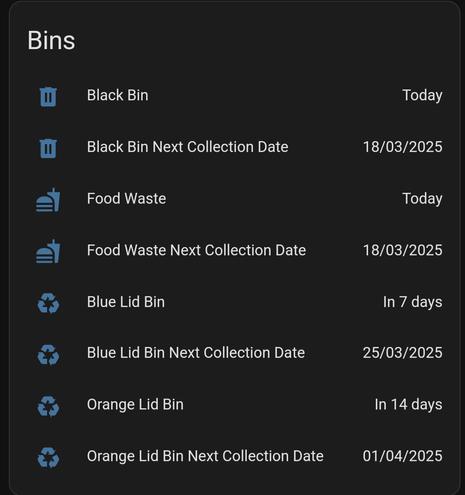Screenshot showing the bin type and dates for collection on the Home Assistant dashboard.