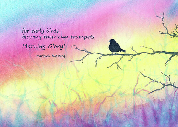 for early birds
blowing their own trumpets
Morning Glory!

Bird in the early morning is a watercolour painting in landscape format, painted by the artist Karen Kaspar. A robin sits on a branch in a tree in the morning and greets the new day with a beautiful song. The morning sky glows in delicate pastel colours of blue, yellow and pink.

This work, a combination of painting and haiku, is a joint project by Karen Kaspar (© art and artwork) and Marjolein Rotsteeg (© Haiku).
A haiku is a traditional Japanese poetry form consisting of three lines.

Here the watercolor painting was supplemented with the haiku in English.
