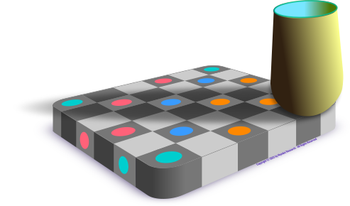 Another take on the checkerboard shadow and dot illusion, using yellow, blue, salmon, and teal colored dots