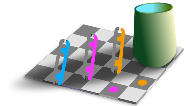 The checkerboard shadow and dot illusion, using yellow, magenta, blue colored dots, and also long thin bars of each color, that extend from the dot inside the shadow to the dot outside. The grey bar is all the same color grey, but appears to have a gradient as it crosses the shadow.