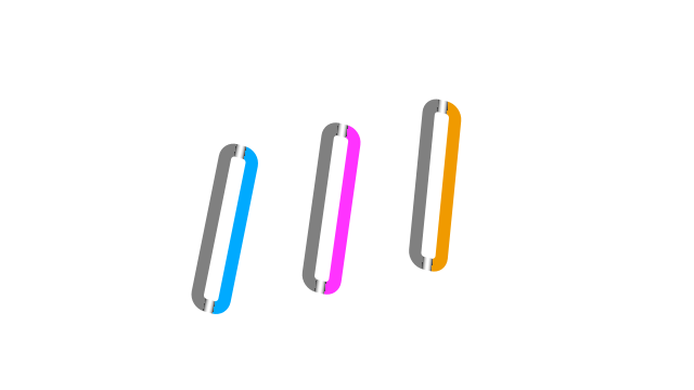 The color alignment bars in isolation, showing the grey, yellow, magenta, blue colors are consistent throughout each bar. The gradient on the previous image is a perception due to the shadow context.