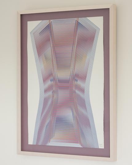 An abstract painting produced by a robotic pen plotter using a generative algorithm. Thin lines of gray, red, yellow, and purple acrylic paint create swirling moire interference patterns on white paper.