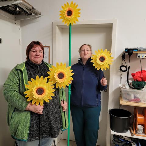 Das Bild zeigt Ela DL1TM und Mareike DG6MBS, die jeweils künstliche Sonnenblumen in den Händen halten. Mareike links trägt eine grüne Jacke mit schwarzem Muster und hält zwei Sonnenblumen an schwarzen Stielen. Ela rechts trägt eine dunkelblaue Jacke und hält eine einzelne Sonnenblume in der rechten Hand, während sie mit der linken ein längeres, grünes Rohr hält, an dessen Spitze ebenfalls eine Sonnenblume befestigt ist.

Sie stehen vor einer weißen Tür in einem Raum mit Werkstattcharakter. Rechts im Hintergrund sind Regale mit verschiedenen Gegenständen wie Funkgeräten, Kabeln, Werkzeugen und Behältern zu sehen. Beide Frauen wirken zufrieden und scheinen ihr fertiges Projekt zu präsentieren – eine selbstgebaute Antenne, die kreativ mit Sonnenblumen dekoriert wurde.