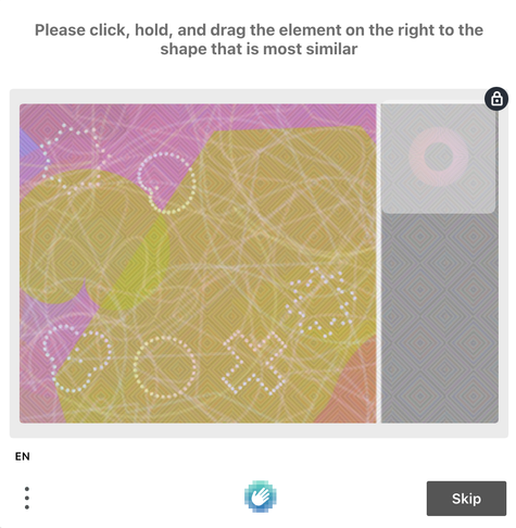 A pink background overlaid by semi transparent yellow shapes. on top are 6 shapes (stars, circle, cross, etc) with no fill and a dashed white outline. Contrasts suck. on the right is a circle shape with an even worse contrast that you're supposed to drag and drop on the shape in the other image that is the most similar. An inaccessible nightmare.