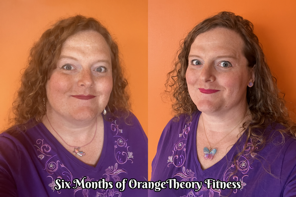 A side-by-side comparison of two selfies.  Miriam, a white trans woman, appears in both, in the same purple top with pink and white embroidery around the collar.  She is pleasantly plump in the fist one and considerably leaner and standing with better posture in the second.

Caption reads "Six Months of OrangeTheory Fitness"