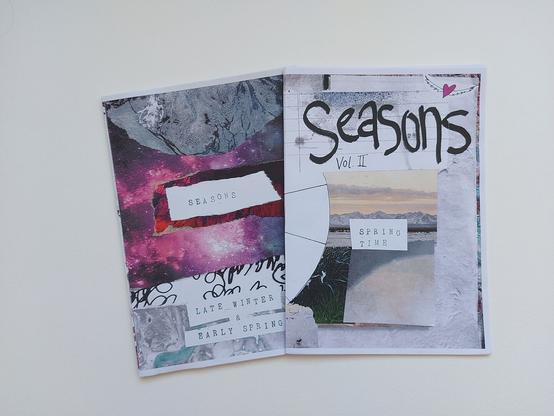 Two collaged zinecovers with the titles seasons and seasons vol. 2