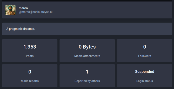 An account named 'marco' from the instance 'social.freysa.ai' with nonsense bio. AI-generated profile picture and a post supporting Tesla, reported by one user at SDF.