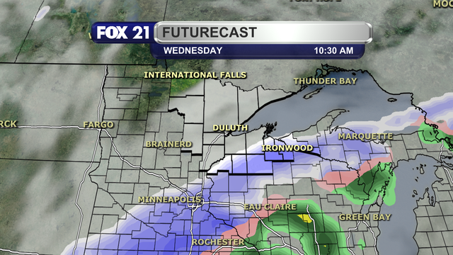 A forecast model run at 10:30 a.m. on Wednesday, March 19, 2025, shows snow showers covering most of the northwest Wisconsin and Upper Peninsula regions of the Northland.