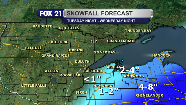 Forecasted snowfall totals for Tuesday night and Wednesday range from under 1-inch near the Twin Ports, 1 to 2 inches around Highway 63 in northwest Wisconsin, 2 to 4 inches in the South Shore snowbelt region and the eastern half of northwest Wisconsin, and 4 to 8 inches farther east outside of the Northland.