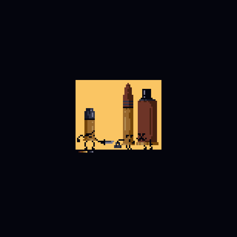 to the left a pistol bullet wearing an eye-patch mugs a couple to it's right, a rifle shell and a shotgun shell that wears a top hat, at knife point