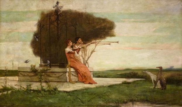In this outdoor painting, two figures (one woman, one man) sit under a tree at left, playing trumpets toward two startled greyhounds on the right.