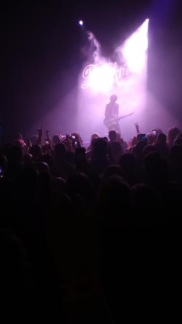 Justin Hawkins sillouhetted in pink by a rear spotlight during a guitar solo. A rapturous crowd in aww before him