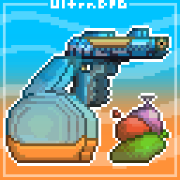 Pixel art of a water gun next to a full water storage tank and three water balloons.