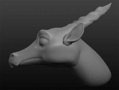 A profile view of a greyscale 3D model of the head of a dragon. She has a long nose, large eyes, twisted Eland-like horns, cow-like ears.