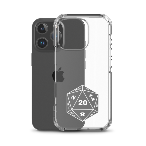 Clear rubberized case for an iPhone 16 pro with a transparent d20 design on the bottom half.