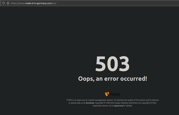 https://www.make-it-in-germany.com/en/ showing a Typo3 503 error message