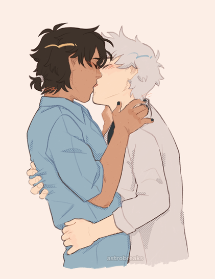 a drawing of cheng xiaoshi and lu guang from link click kissing. cheng xiaoshi has his hands placed at lu guang's neck, while lu guang has one hand on cheng xiaoshi's waist, the other gripping his shirt at the back.