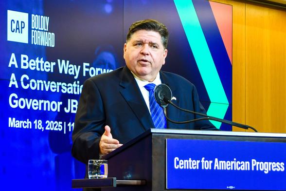 Gov. JB Pritzker (D-IL) speaking at a lectern, 18 Mar. 2025