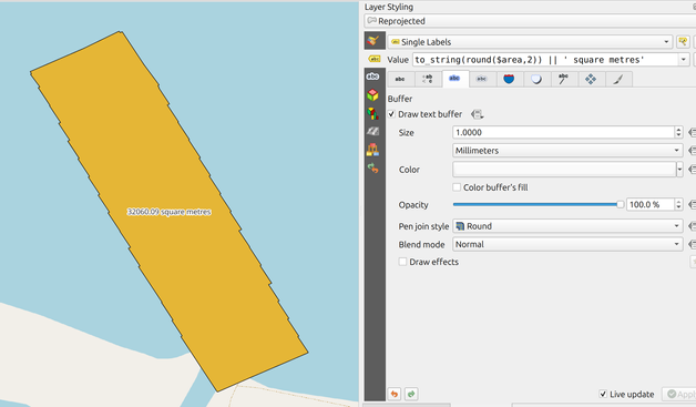 [4] Dissolved footprints, reprojected to a CRS expressed in metres and labelled with the $area. The label field reads:

to_string(round($area,2)) || ' square metres'

...which rounds the $area attribute to 2 decimal places, converts it to a string, then concatenates it with the context string contaning units.