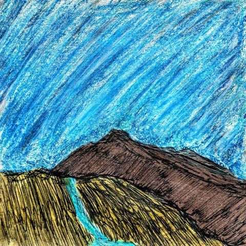 please don't be boring

mountains drawn in pen, sky is pen and crayon on a sticky note.