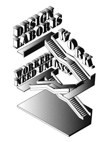 An isometric drawing of staircases in UW's Gould Hall building with text surrounding that reads "Design Labor is Work. Workers need unions." The design is black and white with a noise texture added.
