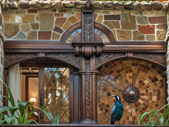 A hotel exterior of carved wood and rustic stonework, with a lamp visible in an elegant room through an open window. A bird with iridescent teal feathers and a black and white head perches on the balcony railing, gazing speculatively at the opening.