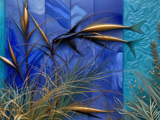 Striking aquatic grasses in metallic gold and deep blue, with seed pods resembling minnows, among delicate reeds against a deep blue and aqua textured background.