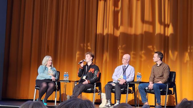 Sam Shepard, a subject in the documentary Speak, answers a question onstage at the Fargo Film Festival.
