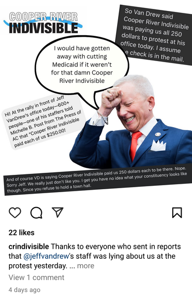 indivisible Instagram post about lying Jeff Van Drew. 600 people showed up at his office to protest because the Republican is too afraid to hold a town hall. he claimed to a local Jersey newspaper that protesters were paid $250 to show. there's so much anger across the country about how Republicans are not doing their jobs.
no money required!