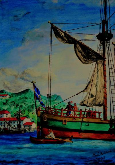 Kolorierte Zeichnung. Der hintere Teil eines kleinen Segelschiffs, das vor einer tropischen Küste ankert. Die Segel sind noch nicht vollständig geborgen. Im Vordergrund ein kleines Ruderboot. Im Hintergrund Teile einer aus weißen Häusern bestehenden Hafenstadt und grüne Hügel.