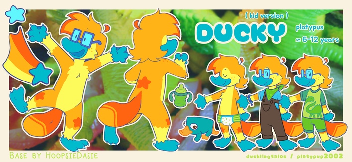 A reference sheet of my fursona - an anthropomorphic platypus character with orange fur and teal bill and feet. It is stated their name is “Ducky” and that they’re anywhere from 6 to 12 years old (this is the range they’re usually meant to be in nostalgia-themed art).