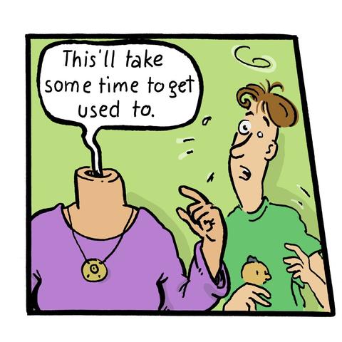 Comic panel. Waldi, headless, talks to Mohsel, who looks shocked: „this‘ll take some time to get used to.“