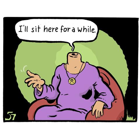 Comic panel. 
W: „I‘ll sit here for a while“