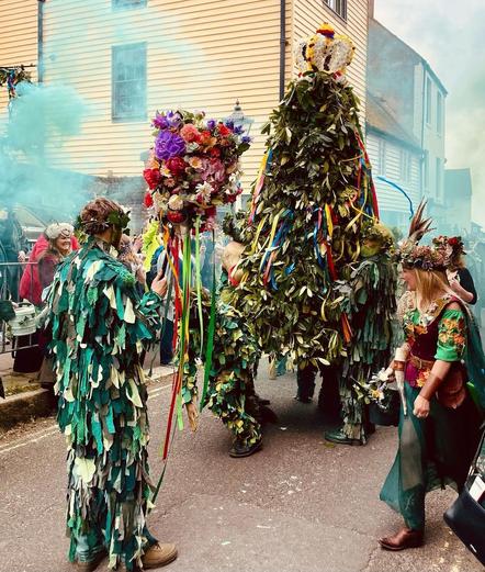 A photo of Jack in the Green from a modern May Day celebration in Hastings, England.
