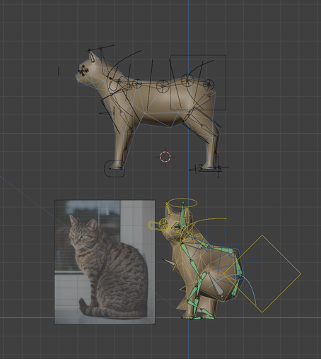 A screenshot of Blender. 1) a low poly cat model in a default standing pose; 2) a reference picture of a cat sitting; 3) the cat model in a malformed sitting pose.