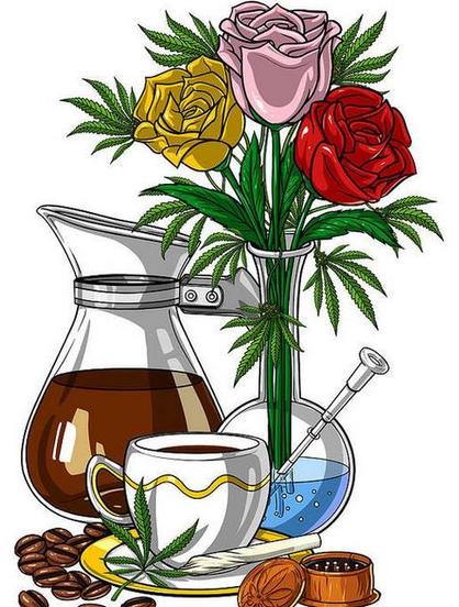 Glass coffee pot with coffee, a water pipe with three roses (yellow, pink and red) and some cannabis branches.
There is also a cup of coffee, a joint, a few coffee beans and an open grinder.