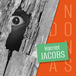 Una viga de madera con un agujero por el que se asoma el ojo de una cara. Una viñeta verde con el nombre de Harriet Jacobs. Fondo naranja con parte del texto Contando con ellas
