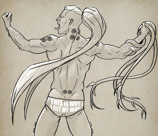 Pencilsketch on coloured paper heightened with white of Lucius the Eternal seen from behind, only wearing underpants with "This is why I get my way" printed on.