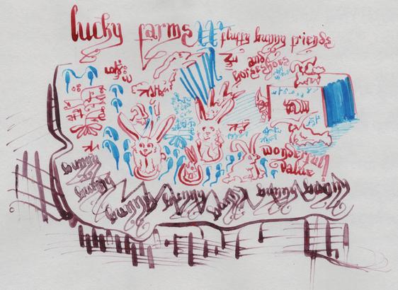 lucky farms 
three colors
nib and acrylic paint

some stylized english letters,
words in two forms of sylvin

rabbits