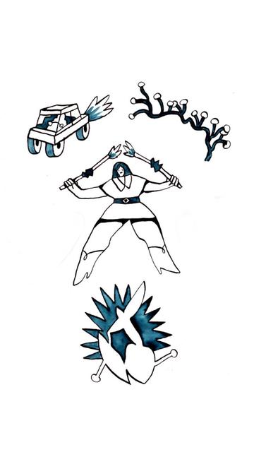 Flashs de tracteur, plante, guerrière et forme abstraite